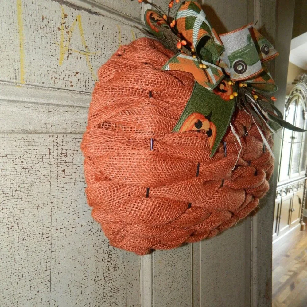 Handmade Halloween Fall 3D Burlap Pumpkin Door Wreath
